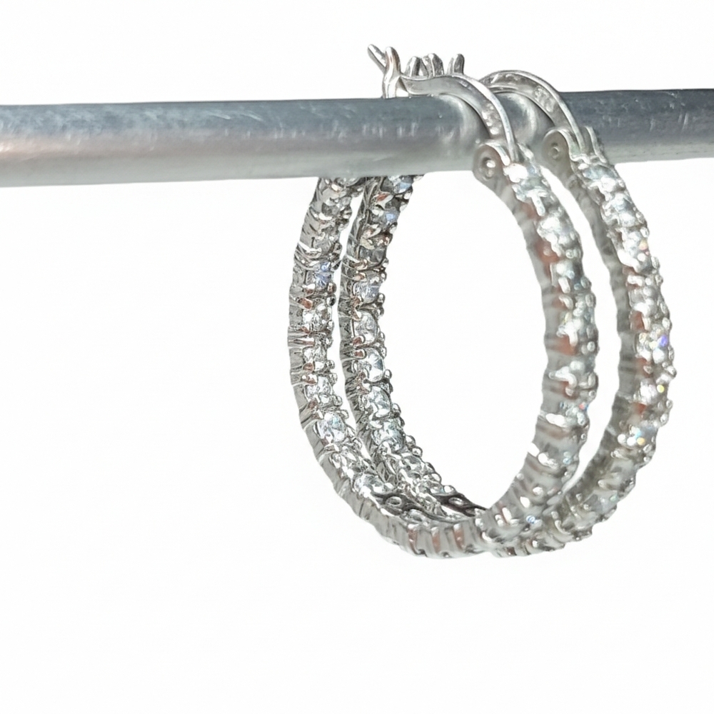 Earrings 1" Hoops 925 Sterling Silver FAB Prong Cubic Zirconia Pierced Vintage - Picture 4 of 8